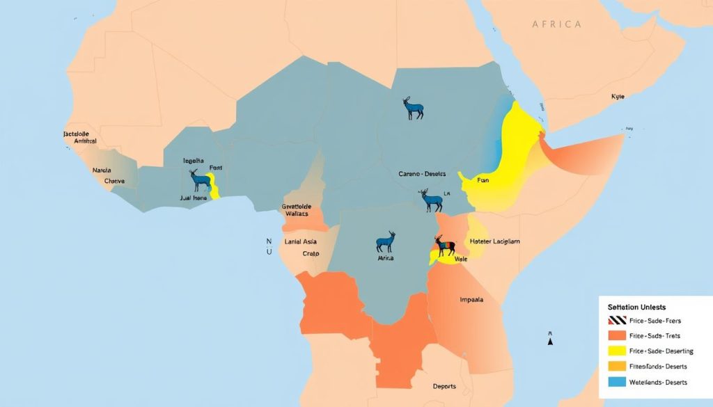 Map showing the geographical distribution of gazelle vs antelope vs impala species across Africa