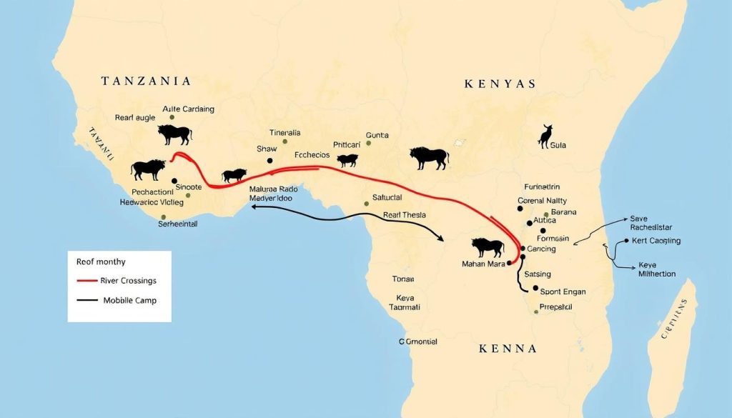 Map showing the wildebeest migration route through Tanzania and Kenya