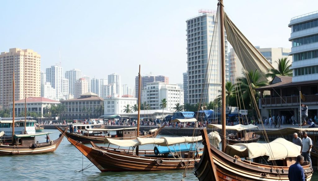 Modern Zanzibar City skyline with traditional boats in the foreground