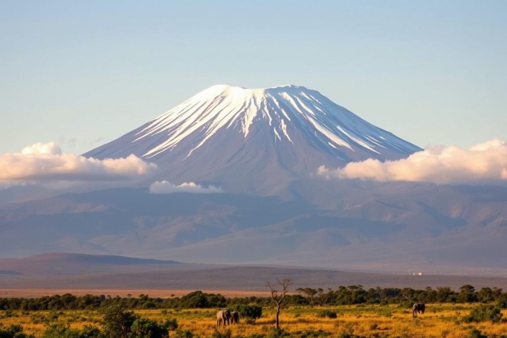 Mount Kilimanjaro towering over savannah during a Tanzania adventure safari