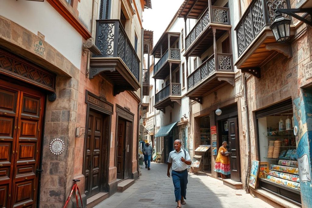 Narrow winding streets of Stone Town with traditional Zanzibari architecture, ornate wooden doors, and local people