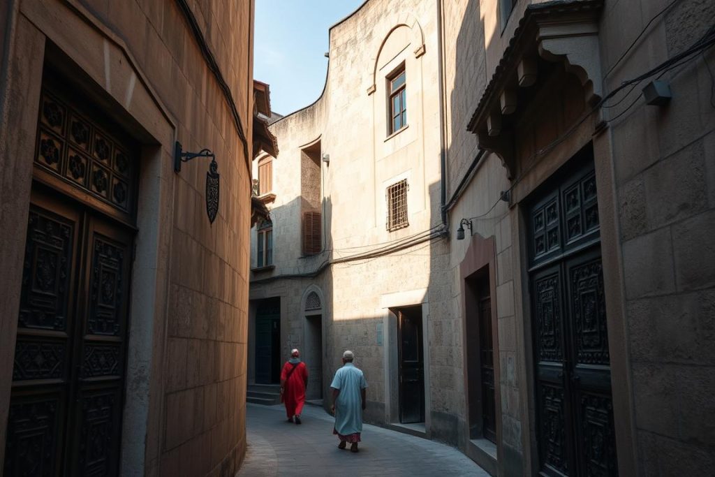 Narrow winding streets of Stone Town with traditional carved wooden doors
