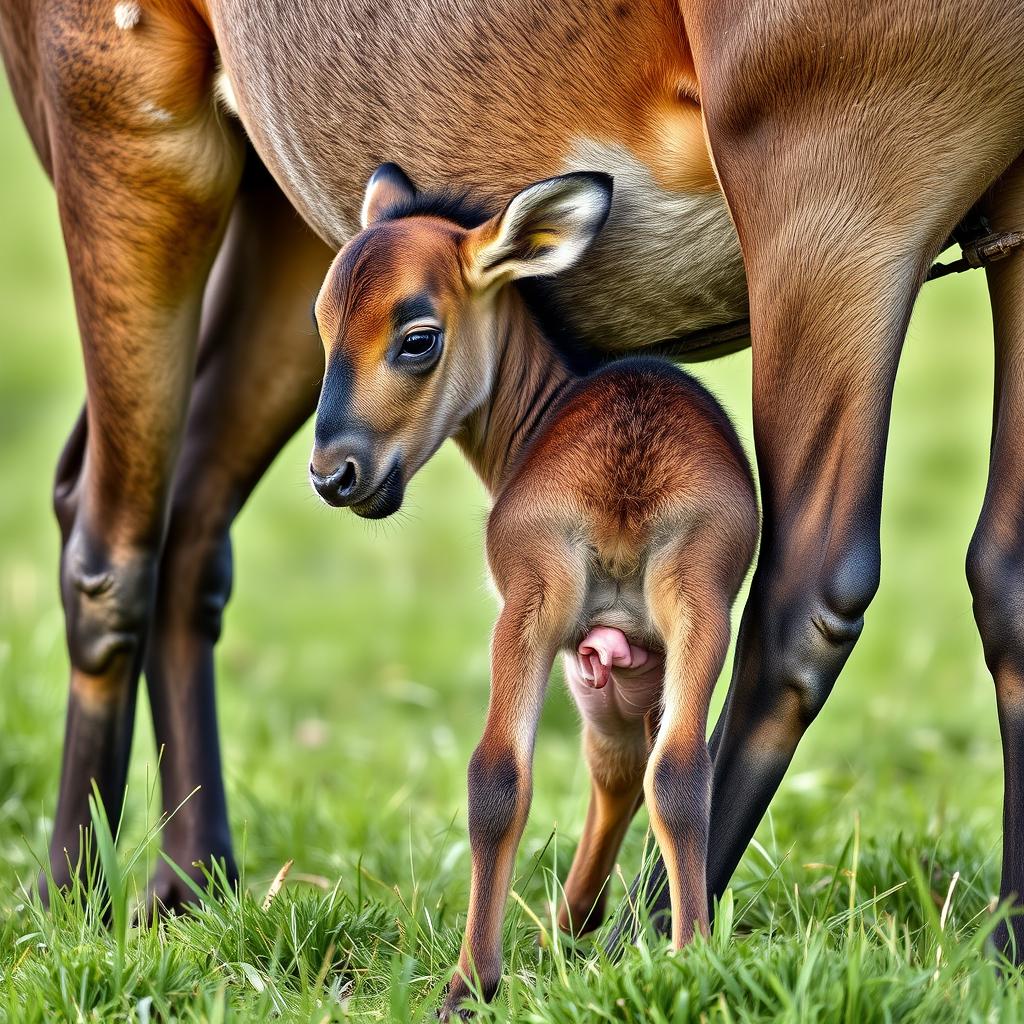 Newborn wildebeest calf with mother during calving season