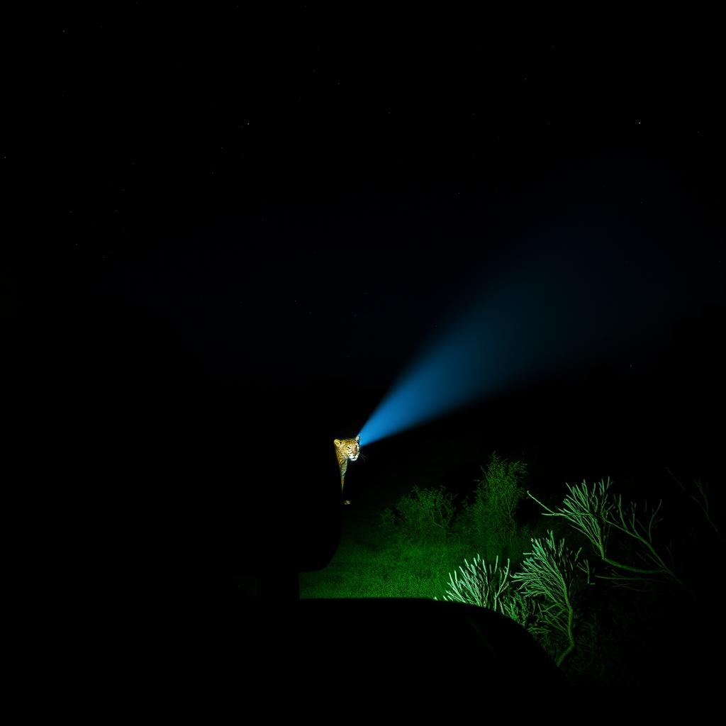 Night game drive spotting nocturnal wildlife with spotlight