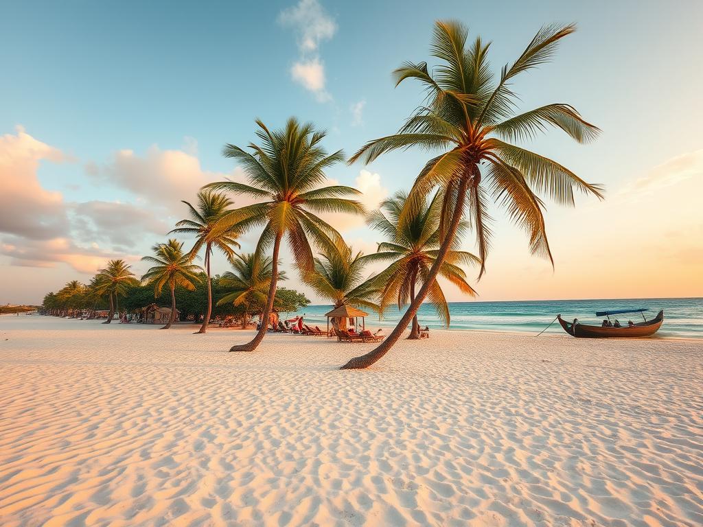 Nungwi Beach in Zanzibar with palm trees, white sand, and turquoise water