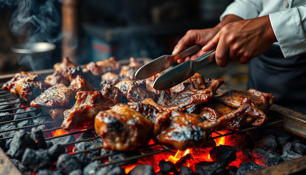 Nyama choma (grilled meat) being prepared over hot coals by a traditional chef