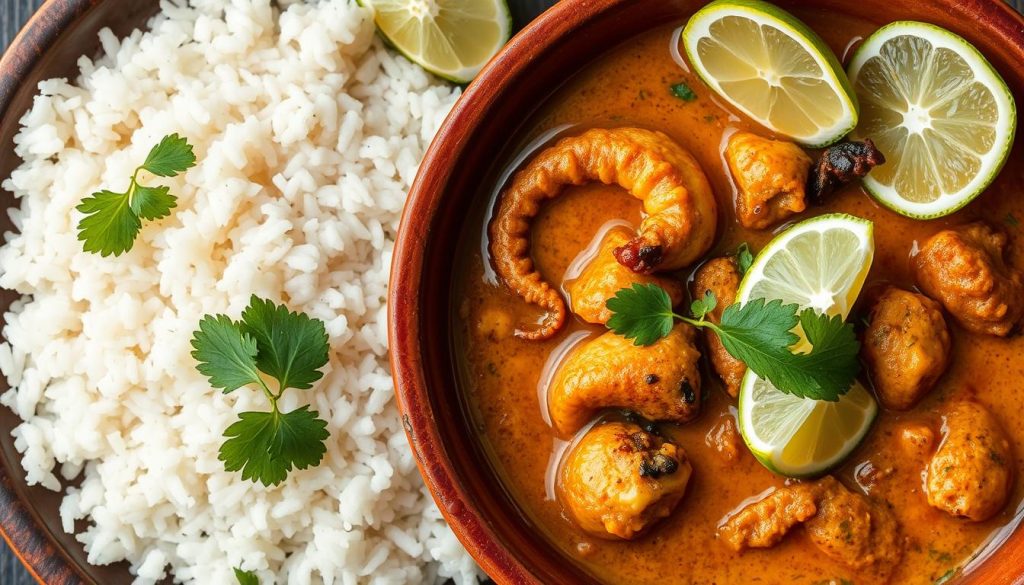 Octopus coconut curry (pweza wa nazi) served with rice in a traditional bowl