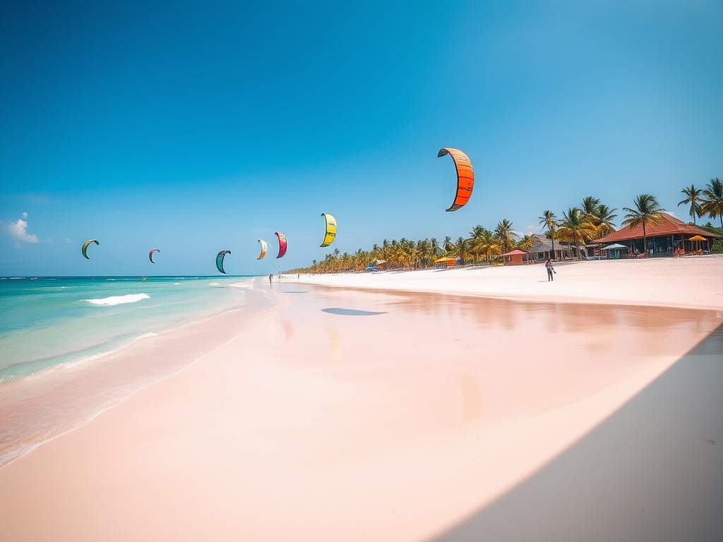 Paje Beach in Zanzibar with kitesurfers taking advantage of the wind conditions