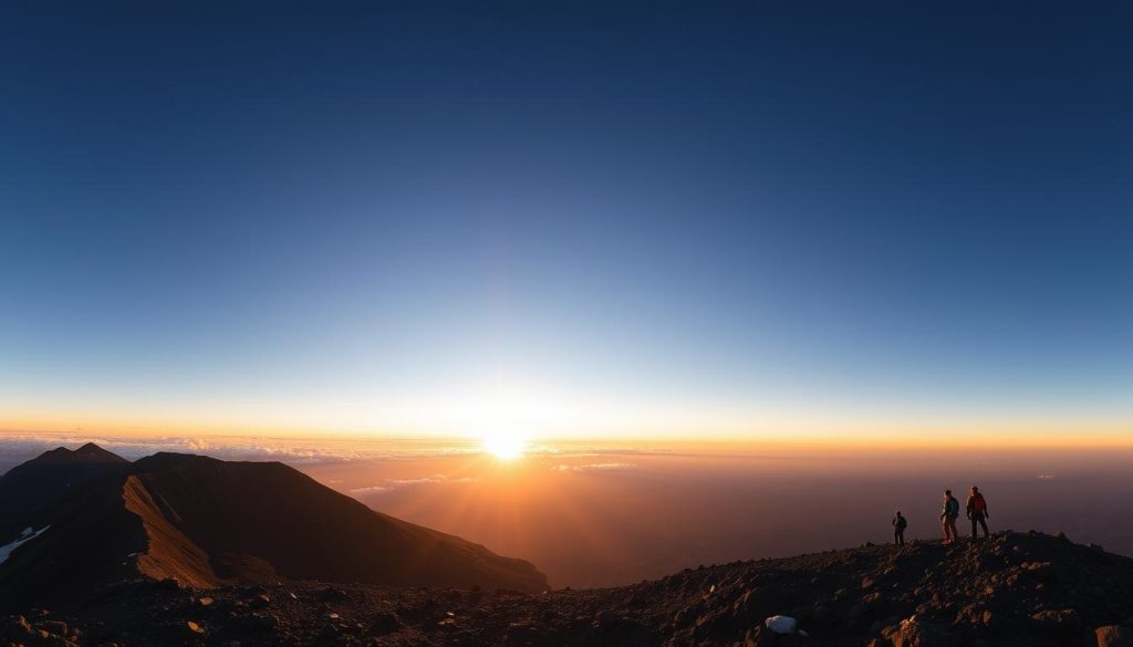 Panoramic sunrise view from Uhuru Peak, the summit of Mt Kilimanjaro, showing the crater and glaciers