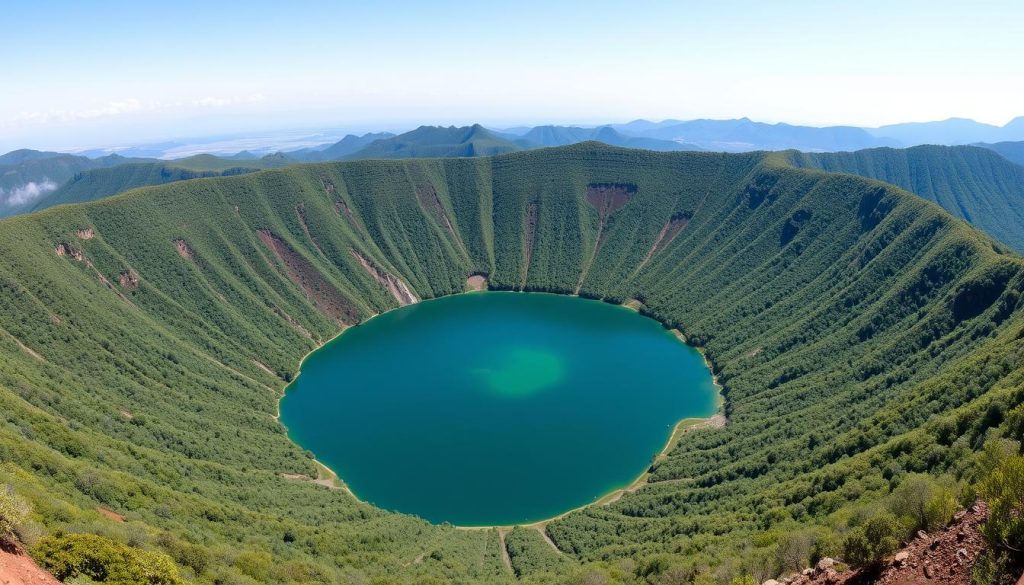 Panoramic view of Empakaai Crater with its central lake and forested slopes