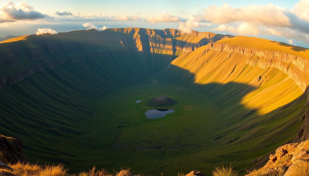 Panoramic view of Ngorongoro Crater in Tanzania showing the vast caldera with its lush floor and wildlife