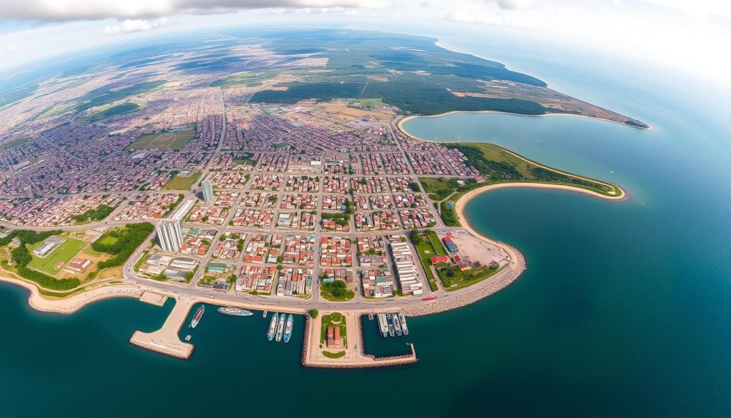 Panoramic view of Tanga city showing its layout with the harbor, colonial buildings, and surrounding landscapes