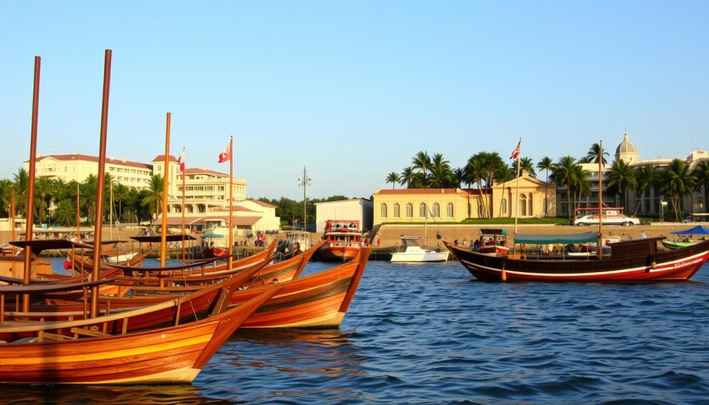 Panoramic view of Tanga harbor with traditional dhows and the city skyline, showcasing Tanga attractions in Tanzania