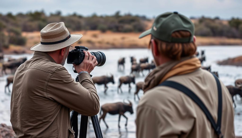 Photographer capturing wildebeest crossing during Tanzania migration safari