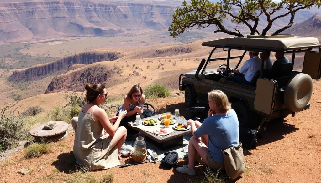 Picnic lunch in Ngorongoro Crater with wildlife in the background