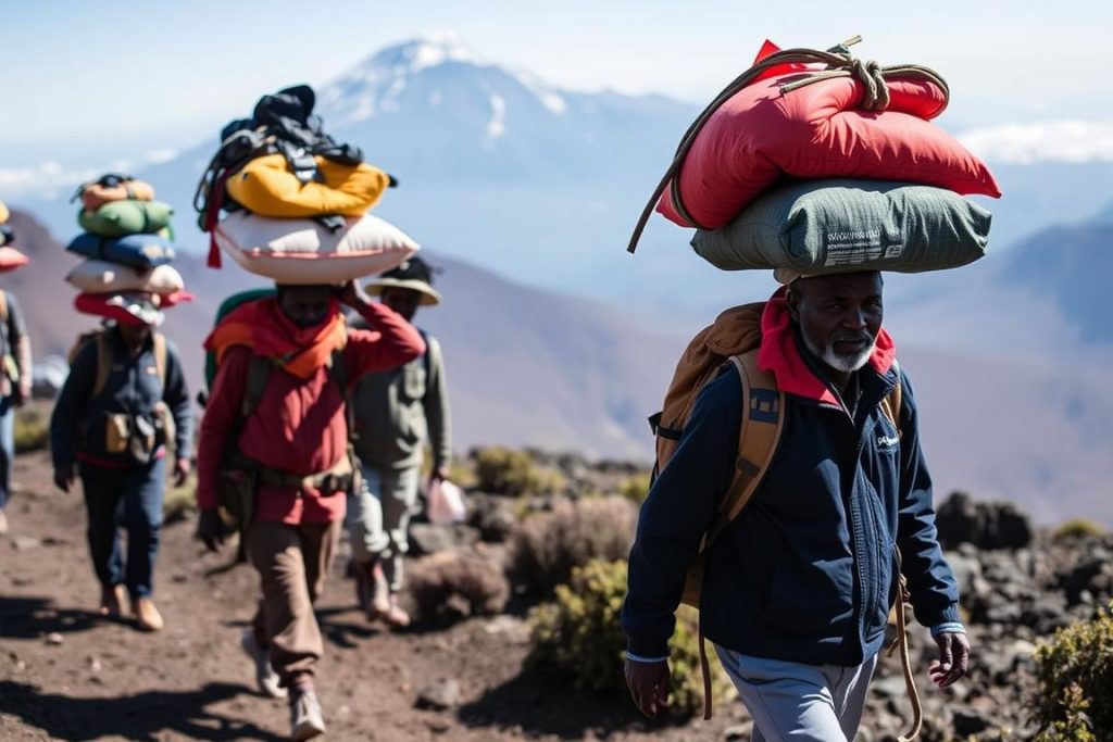 Porters carrying equipment up Mount Kilimanjaro