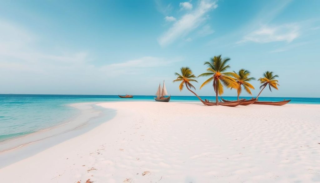 Pristine beach in Tanga with palm trees, white sand, and the clear blue waters of the Indian Ocean