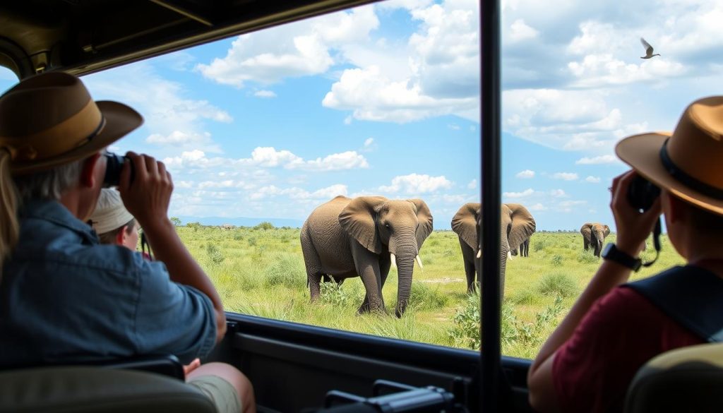 Responsible safari tourists observing wildlife from appropriate distance in Tarangire National Park