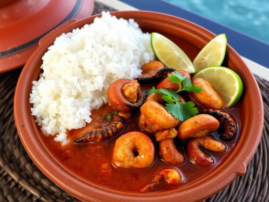 Rich octopus curry served with coconut rice in a traditional clay pot