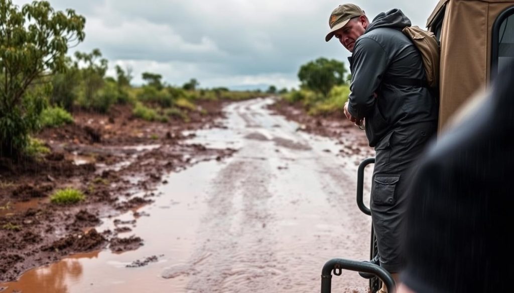 Safari guide checking flooded road conditions during Tanzania rainy season