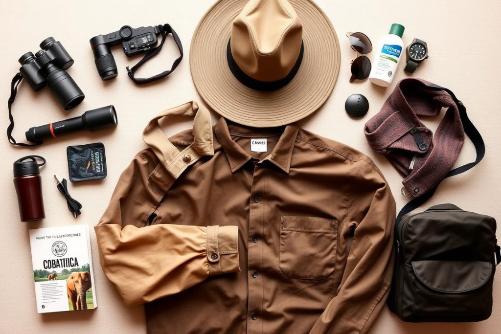 Safari packing essentials for Ngorongoro Crater including binoculars, camera, and appropriate clothing