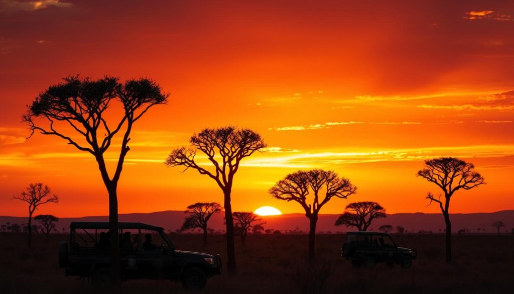 Safari sunset with silhouetted acacia trees during a Tanzania adventure safari