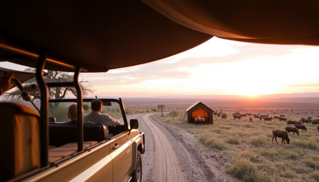 Safari vehicle approaching mobile camp in the Serengeti