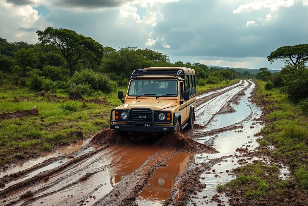 Safari vehicle navigating muddy road in Serengeti during Tanzania rainy season
