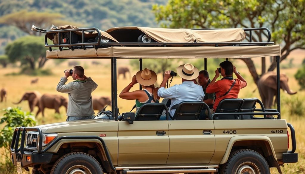 Safari vehicle with tourists photographing wildlife during a Tanzania adventure safari