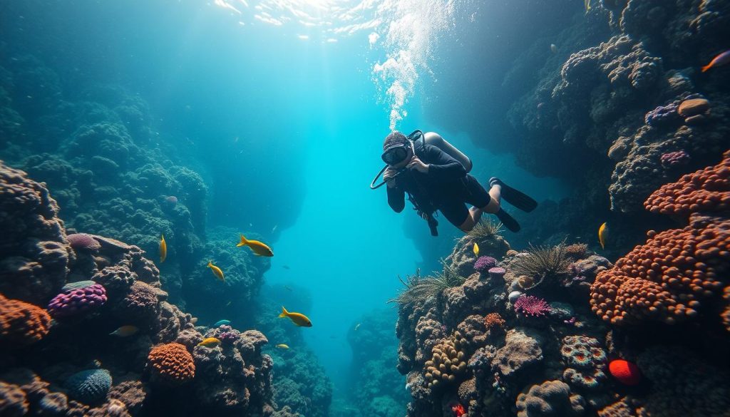 Scuba diver exploring coral reef wall in Pemba Island Scuba diver exploring coral reef wall in Pemba Island