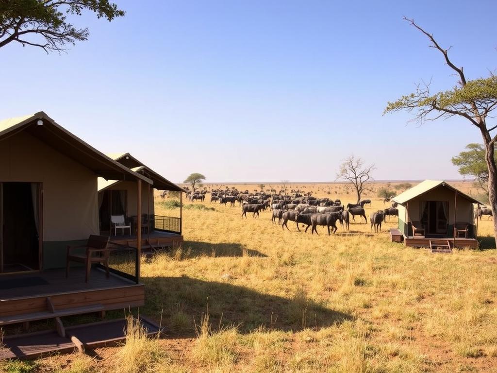 Serengeti Safari Camp tents with wildebeest in background