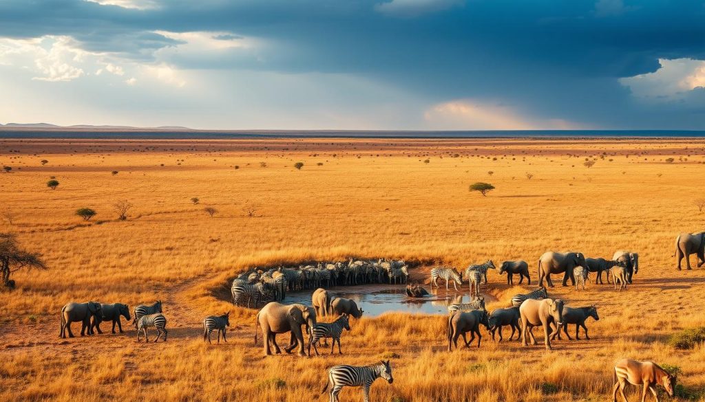 Serengeti plains during dry season with wildlife gathering at a waterhole, showcasing the best time to travel to Tanzania for safari