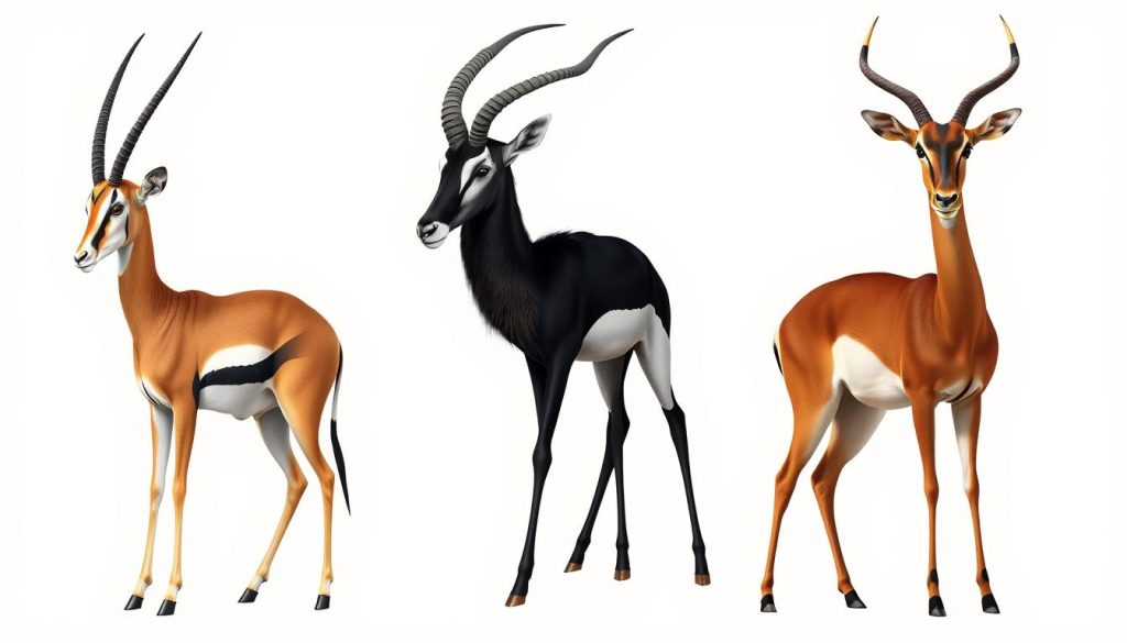 Side-by-side comparison of coat patterns and markings on gazelle vs antelope vs impala