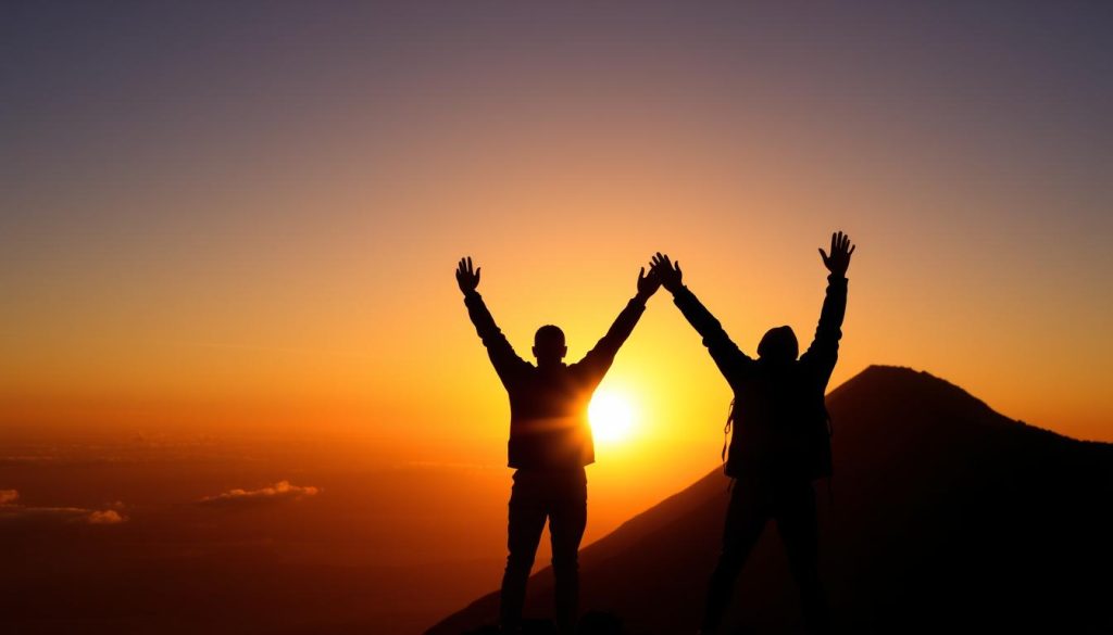 Silhouette of a climber with arms raised in triumph against the backdrop of Mt Kilimanjaro at sunrise