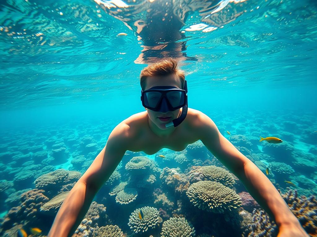 Snorkeler exploring coral reef in Zanzibar's clear waters