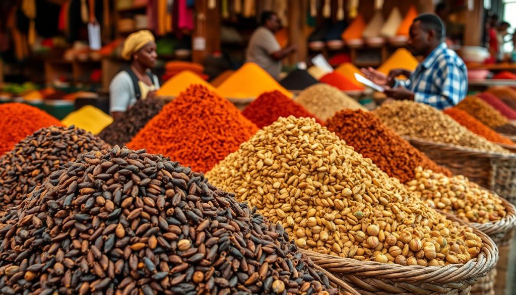Spice market in Zanzibar with colorful displays of cloves, cinnamon, and cardamom