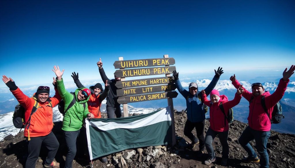 Successful climbers celebrating at Uhuru Peak summit sign on Mount Kilimanjaro