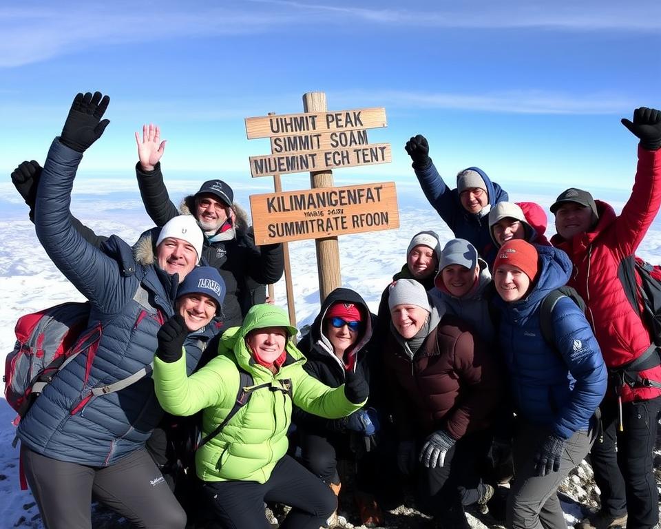 Successful climbers celebrating at Uhuru Peak, the summit of Mount Kilimanjaro