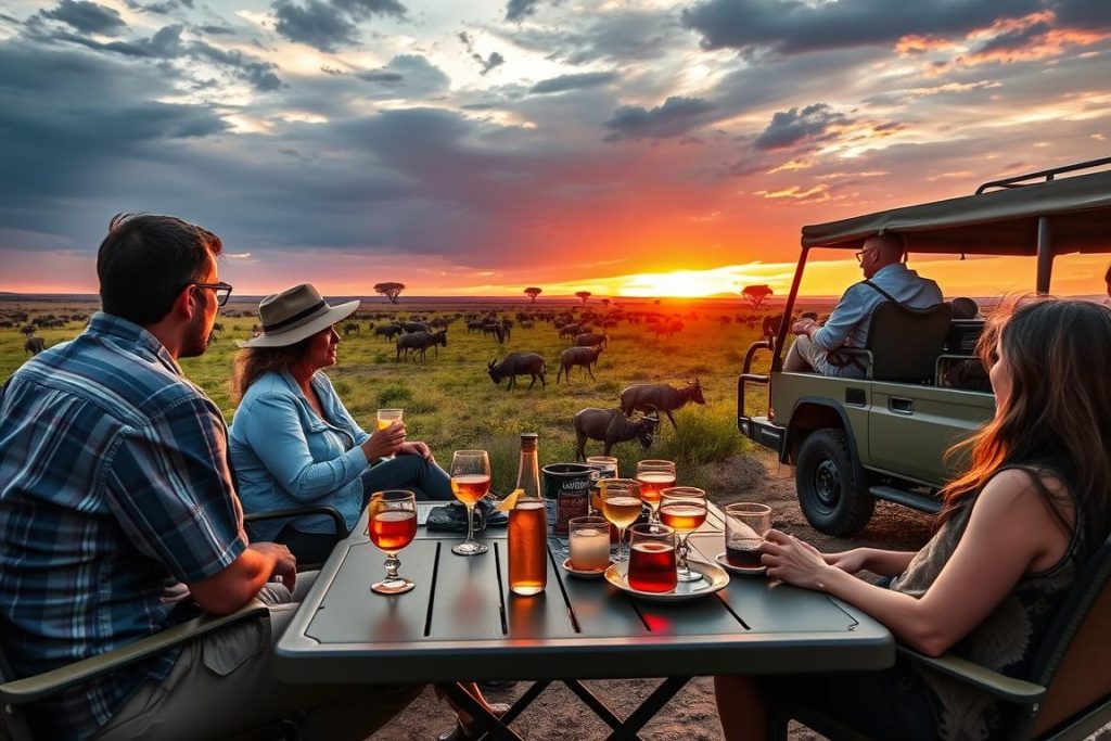 Sundowner drinks during Tanzania wildebeest migration safari