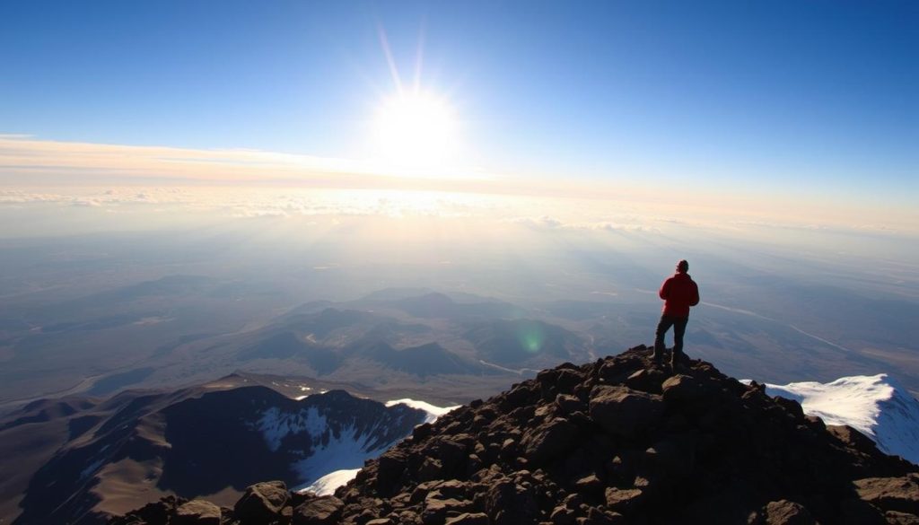 Sunrise view from Kilimanjaro's summit showing the curvature of the Earth and vast African landscape below