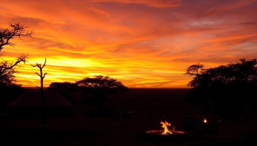 Sunset at a mobile camp during Tanzania wildebeest migration safari