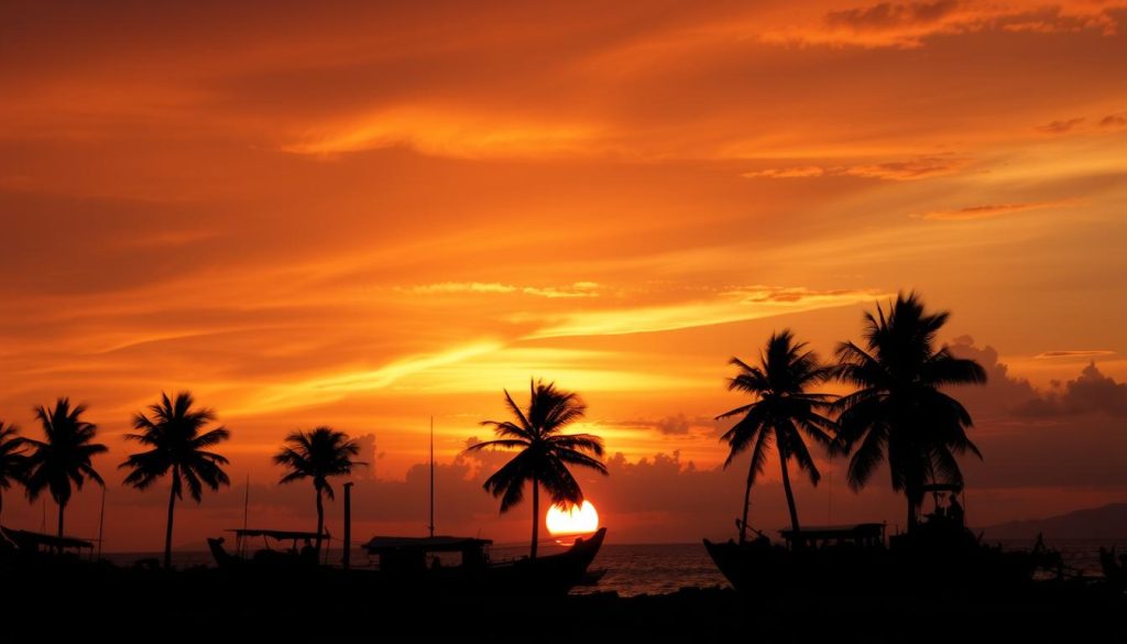 Sunset over Tanga harbor with silhouettes of palm trees and traditional dhows
