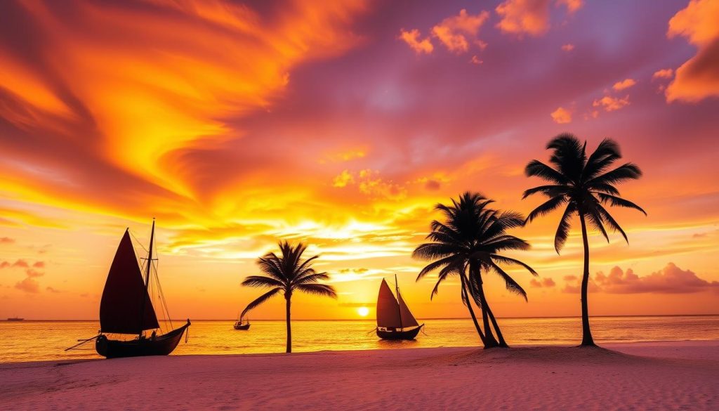 Sunset over Zanzibar beach with silhouettes of palm trees and traditional dhow boats