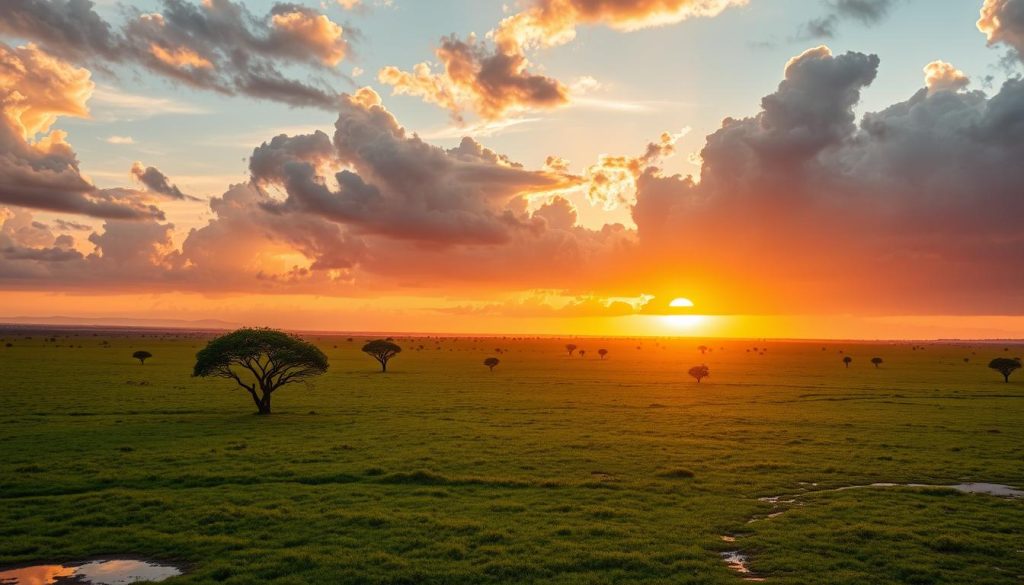 Sunset over lush green Serengeti plains after rainfall during Tanzania rainy season