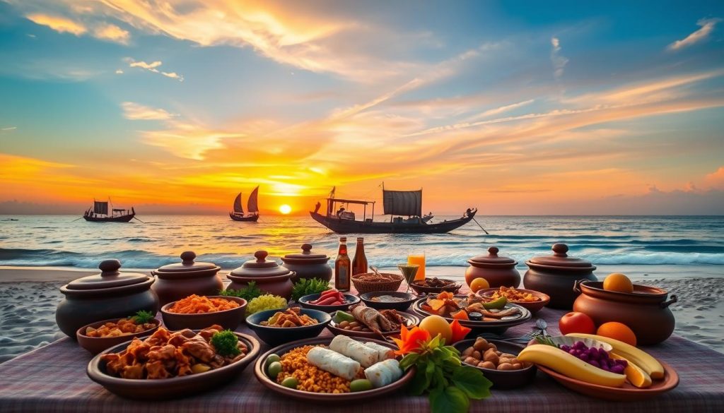 Sunset over the Indian Ocean with traditional dhows and a Zanzibari feast in the foreground