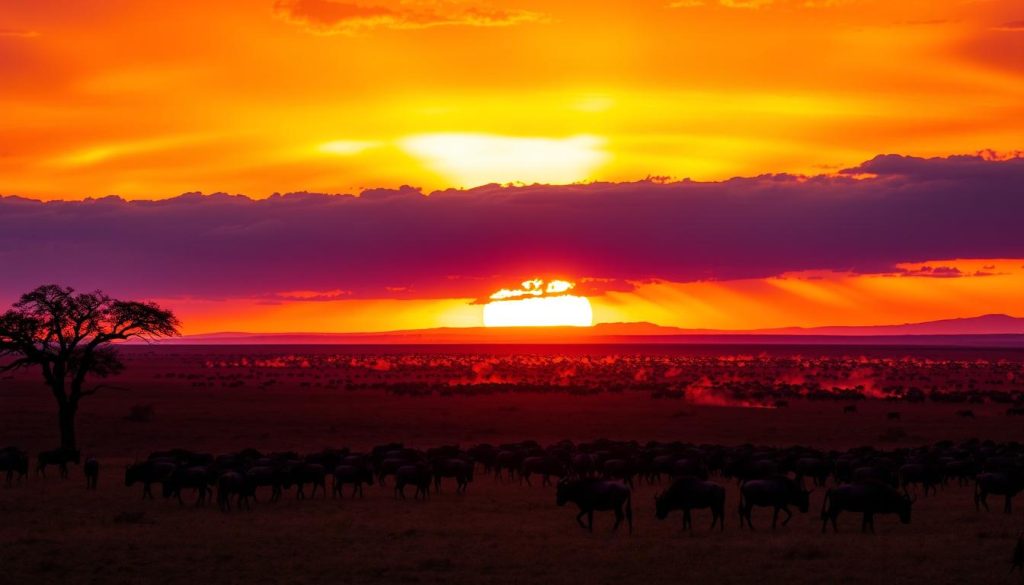 Sunset over the Serengeti with wildebeest silhouettes