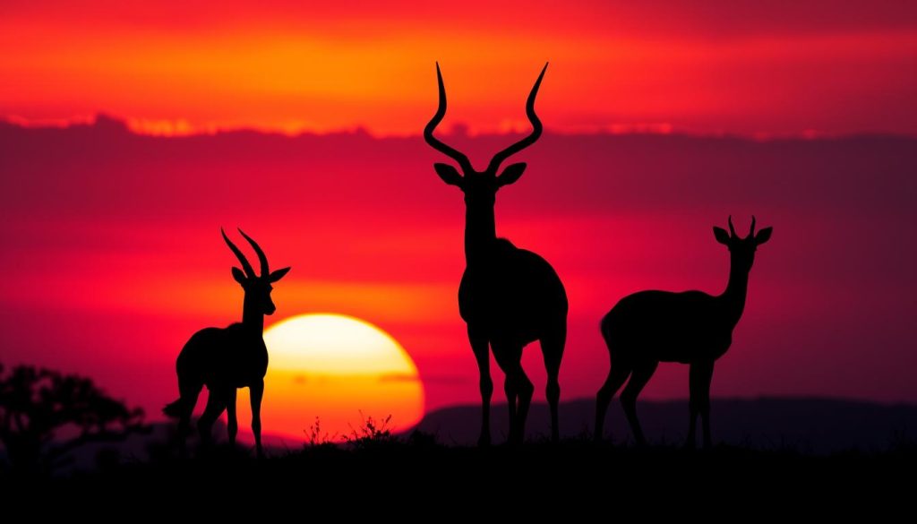 Sunset silhouette of gazelle, antelope and impala on the African savanna