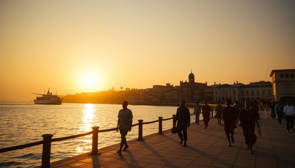 Sunset view of Stone Town with people in traditional Zanzibar clothing walking along the waterfront