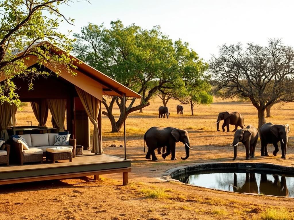Swala Camp luxury tent with elephants visiting the camp's waterhole