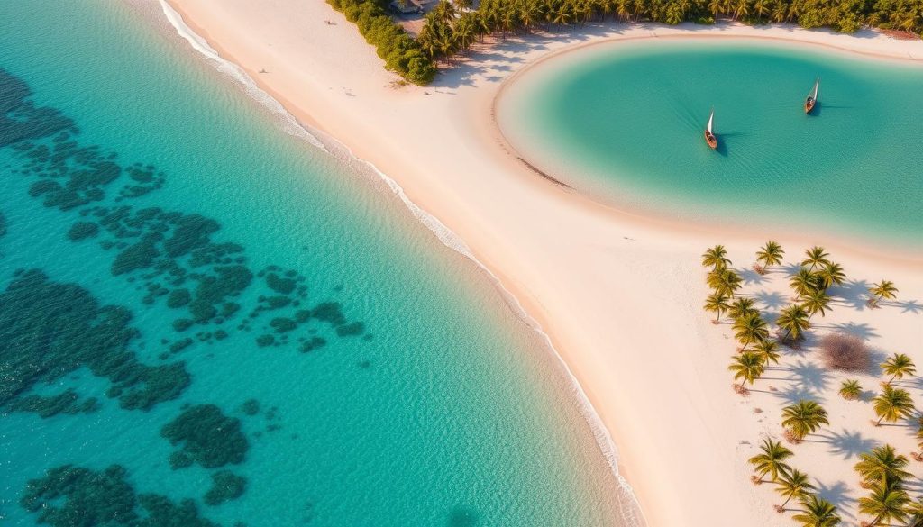 Tanzania Adventure featuring aerial view of Zanzibar's turquoise waters and white sand beaches